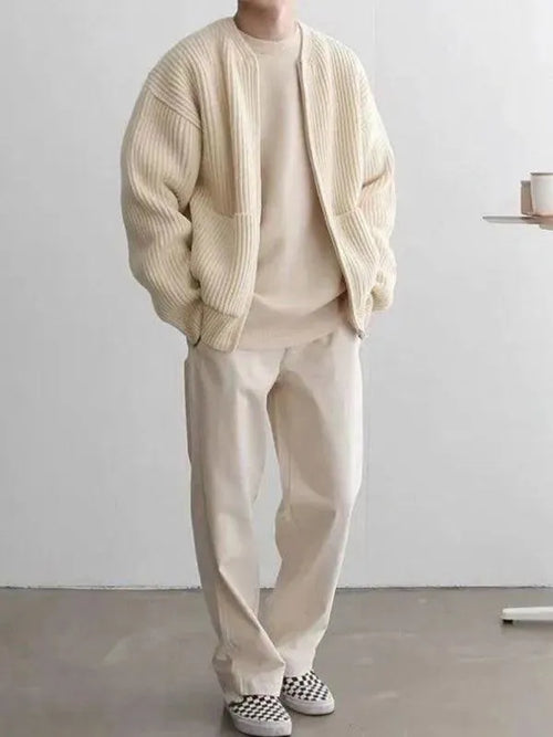 Men’s Zip Front Cardigan Sweater – Crew Neck