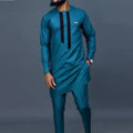 Men Smart Teal African Two-Piece Set - Solid Straight Trousers Two-Piece Set - LeStyleParfait