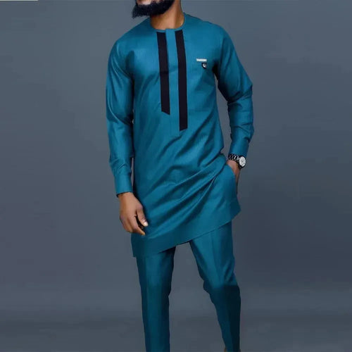 Men Smart Teal African Two-Piece Set - Solid Straight Trousers Two-Piece Set - LeStyleParfait