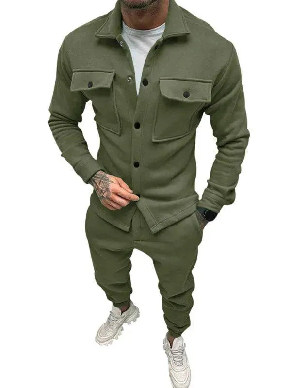 Men Stylish Buttoned Jogger Two-Piece Set - Solid Jogger Two-Piece Set - LeStyleParfait