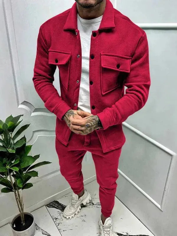Men Stylish Buttoned Jogger Two-Piece Set - Solid Jogger Two-Piece Set - LeStyleParfait