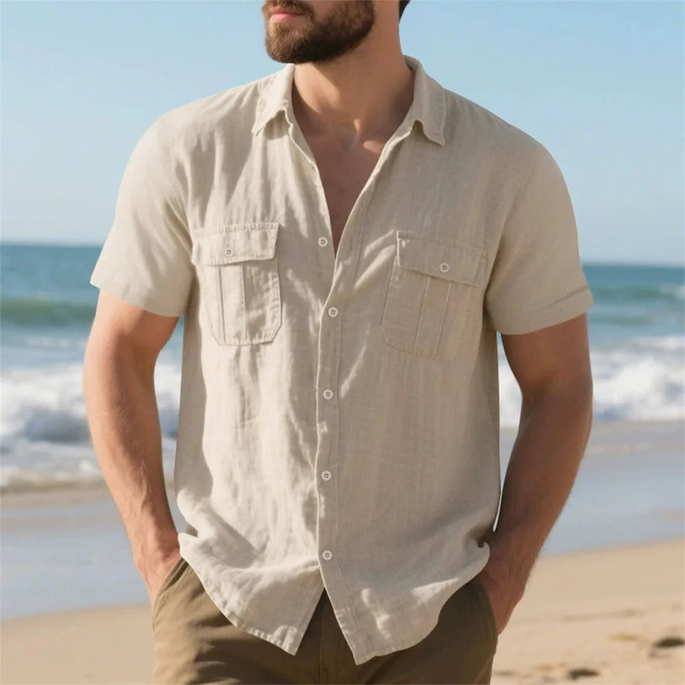 Men's Cotton Linen Beach Shirt-Men Shirts-LeStyleParfait