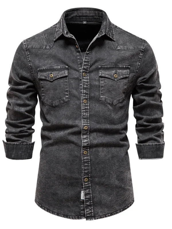 Men's Distressed Black Denim Shirt-Men Shirts-LeStyleParfait