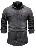 Men's Distressed Striped Denim Shirt-Men Shirts-LeStyleParfait