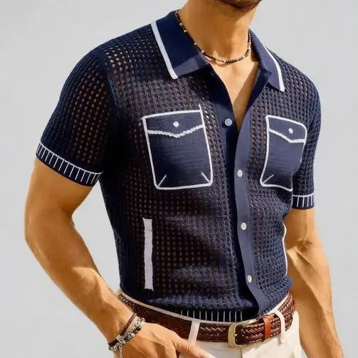 Men's Hollow Knit Button Shirt-Men Shirts-LeStyleParfait