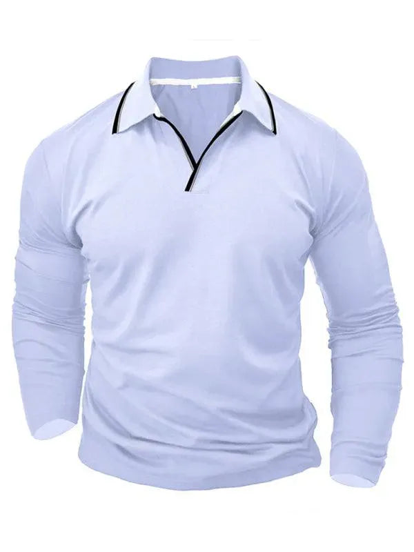 Men's Long-Sleeved V-Neck Lapel Polo Shirt-Polo Shirt-LeStyleParfait