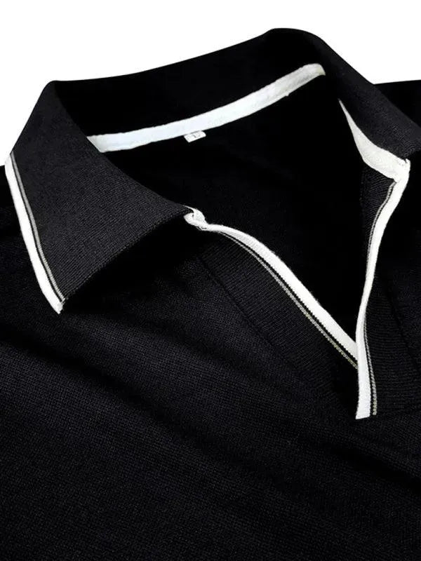 Men's Long-Sleeved V-Neck Lapel Polo Shirt-Polo Shirt-LeStyleParfait