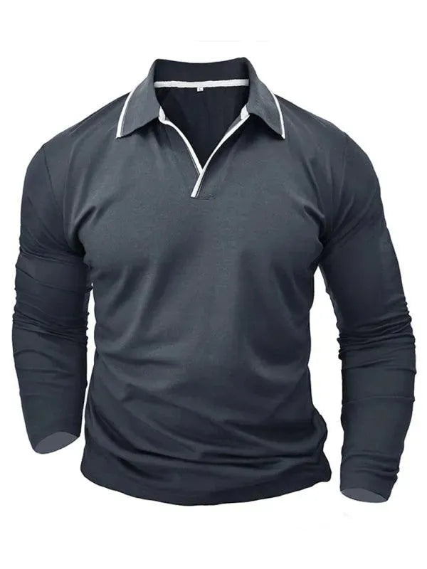 Men's Long-Sleeved V-Neck Lapel Polo Shirt-Polo Shirt-LeStyleParfait