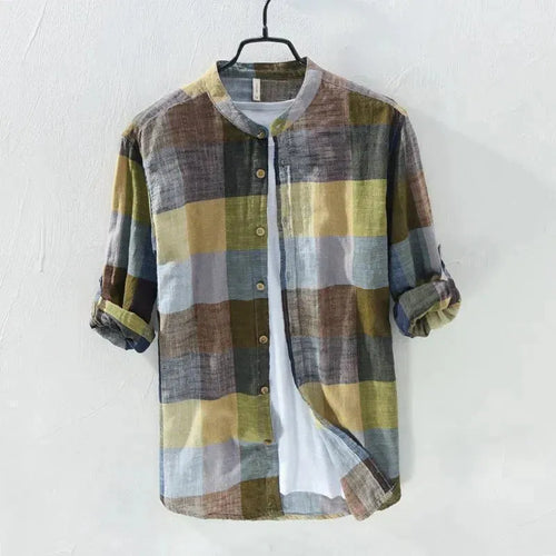 Men's Plaid Linen Casual Shirt-Men Shirts-LeStyleParfait