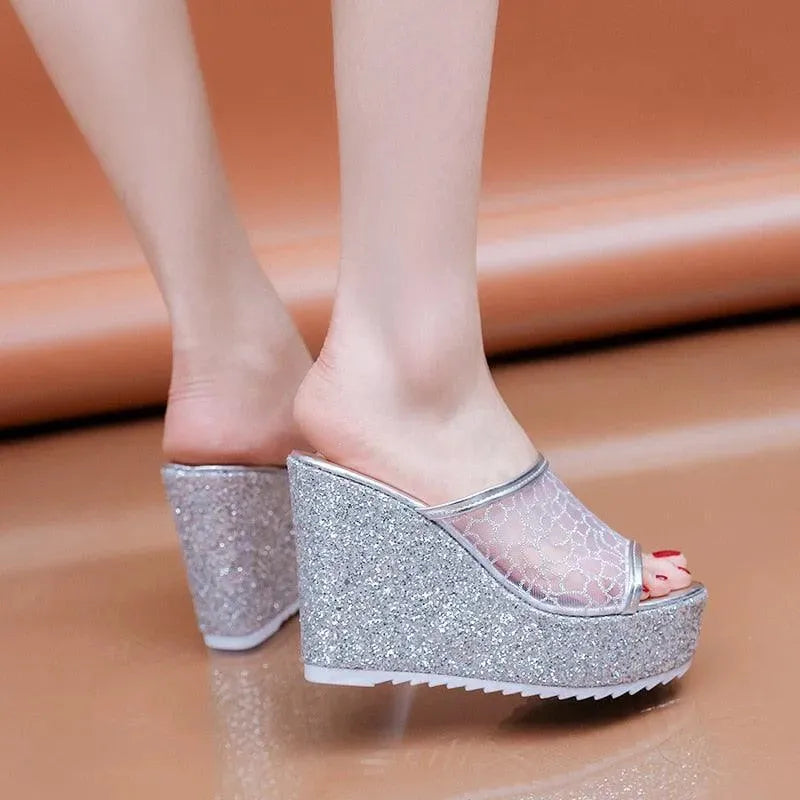 Mesh Platform Slip On Wedge Sandals - Wedge Shoes - LeStyleParfait