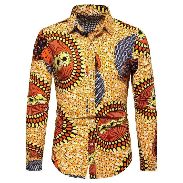 Orange African Streetwear Button Shirt-Men Shirts-LeStyleParfait