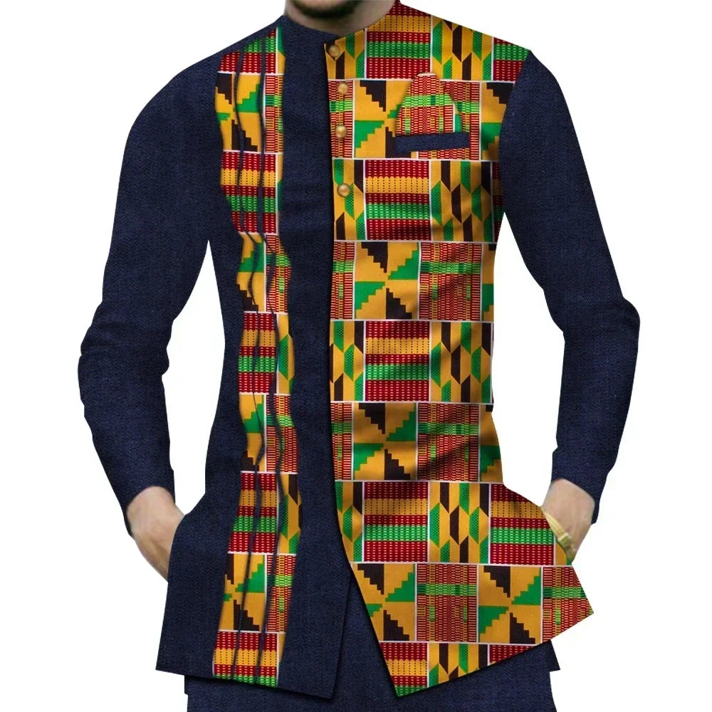 Orange Cotton Dashiki Patchwork Shirt-Men Shirts-LeStyleParfait