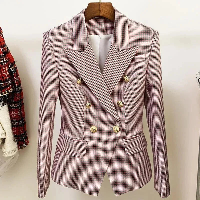 Pink Houndstooth Blazer Women - Formal-Business - Plaid - Double-Breasted Blazer - LeStyleParfait