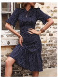 A-line,A-line dress,casual,casual dress,cotton,cotton dress,flared,flared dress,ladies wrinkle resistant,midi,midi dress,midi hemline dress,polka dot,polka dot dress,quick drying midi dress,regular,regular fit dress,round,ruffles,short sleeves dress,slip-on,slip-on dress,straight,summer,summer dress,V-neckline dress-LeStyleParfait