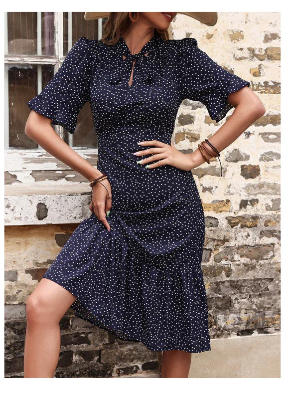 A-line,A-line dress,casual,casual dress,cotton,cotton dress,flared,flared dress,ladies wrinkle resistant,midi,midi dress,midi hemline dress,polka dot,polka dot dress,quick drying midi dress,regular,regular fit dress,round,ruffles,short sleeves dress,slip-on,slip-on dress,straight,summer,summer dress,V-neckline dress-LeStyleParfait