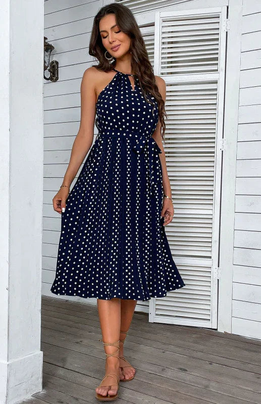 A-line,a-line dress,belt,casual,casual dress,chiffon,chiffon dress,flowy,flowy dress,halter,halter dress,ladies Wrinkle resistant,midi,midi hemline dress,pleated,pleated skirt dress,polka dot,polka dot dress,Quick drying midi dress,sleeveless,sleeveless dress,slip-on,slip-on dress,straight,summer,summer dress-LeStyleParfait