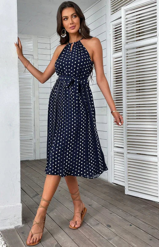 A-line,a-line dress,belt,casual,casual dress,chiffon,chiffon dress,flowy,flowy dress,halter,halter dress,ladies Wrinkle resistant,midi,midi hemline dress,pleated,pleated skirt dress,polka dot,polka dot dress,Quick drying midi dress,sleeveless,sleeveless dress,slip-on,slip-on dress,straight,summer,summer dress-LeStyleParfait