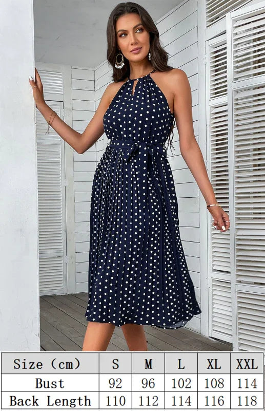 A-line,a-line dress,belt,casual,casual dress,chiffon,chiffon dress,flowy,flowy dress,halter,halter dress,ladies Wrinkle resistant,midi,midi hemline dress,pleated,pleated skirt dress,polka dot,polka dot dress,Quick drying midi dress,sleeveless,sleeveless dress,slip-on,slip-on dress,straight,summer,summer dress-LeStyleParfait