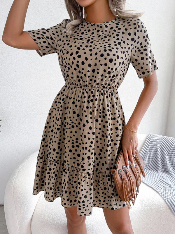 A-line,a-line dress,casual,casual dress,cotton,cotton dress,fit & flare dress,flared,flowy,flowy dress,Flowy fit,ladies Ruffled waist,Lightweight,mini,mini hem dress,playful dress,polka dot,polka dot dress,Quick drying mini dress,round,round neckline dress,ruffled,ruffles,short sleeve,short sleeve dress,slip-on,slip-on dress,summer,summer dress,Wrinkle-resistant-LeStyleParfait