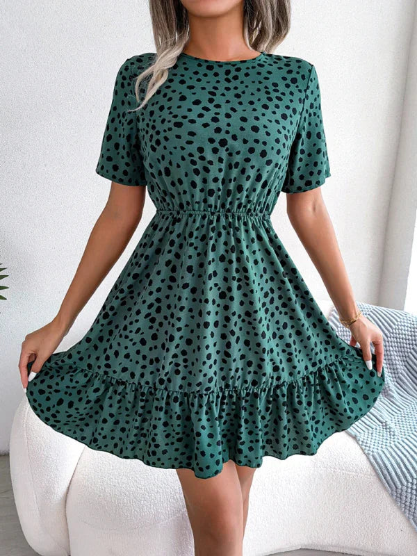 A-line,a-line dress,casual,casual dress,cotton,cotton dress,fit & flare dress,flared,flowy,flowy dress,Flowy fit,ladies Ruffled waist,Lightweight,mini,mini hem dress,playful dress,polka dot,polka dot dress,Quick drying mini dress,round,round neckline dress,ruffled,ruffles,short sleeve,short sleeve dress,slip-on,slip-on dress,summer,summer dress,Wrinkle-resistant-LeStyleParfait