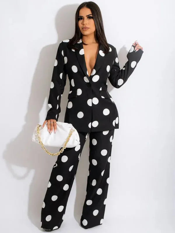 Women's Polka Dot Blazer and Pants Suit Set