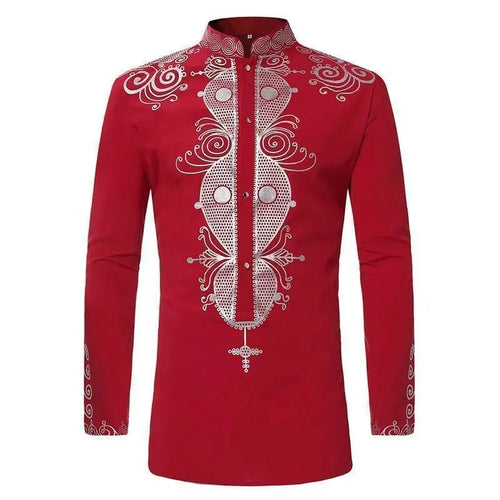 Red African Print Men's Shirt-Men Shirts-LeStyleParfait