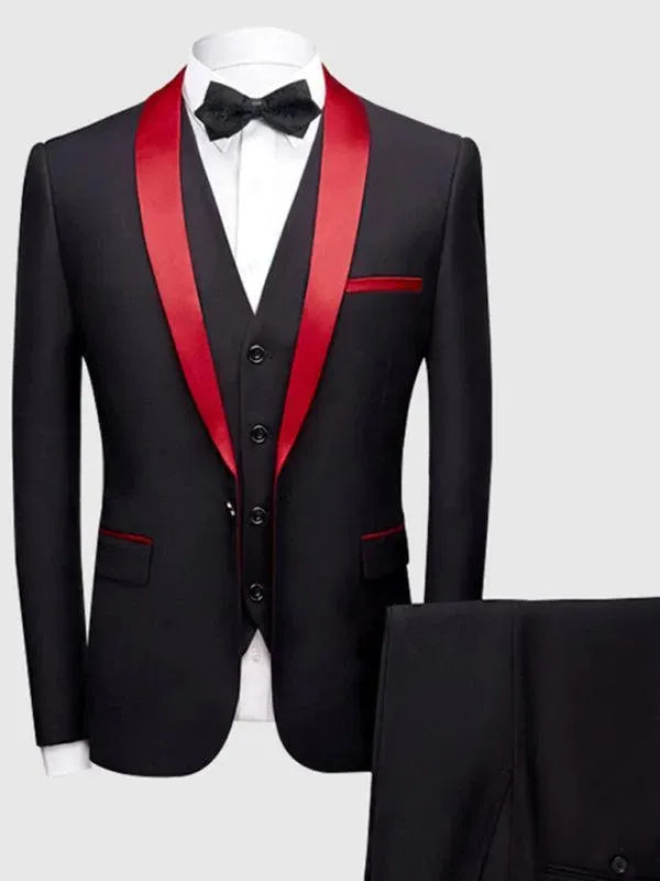 Red Lapel Collar Three Piece Tuxedo Suit - Tuxedo Suit - LeStyleParfait