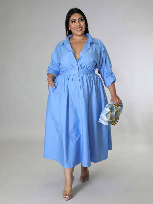 Relaxed Lapel Collar Midi Shirt Dress-Midi Dress-LeStyleParfait