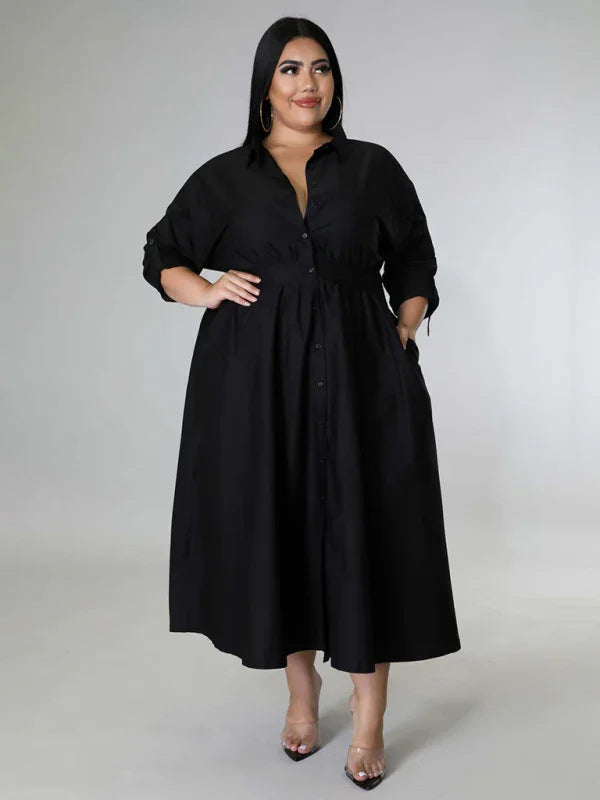 Relaxed Lapel Collar Midi Shirt Dress-Midi Dress-LeStyleParfait