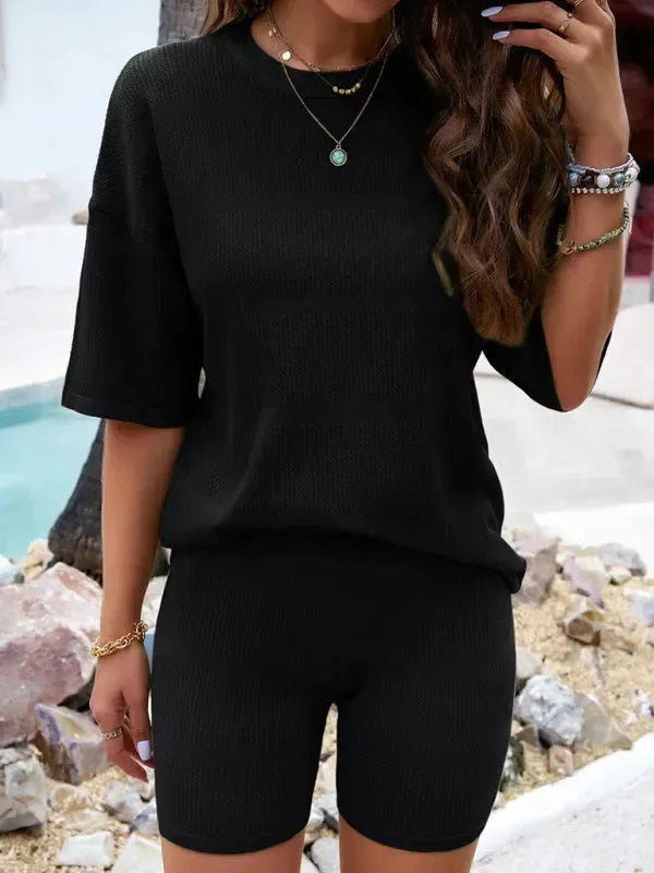 Relaxed Women Casual Ribbed Two-Piece Shorts Set - Casual Short Set - LeStyleParfait