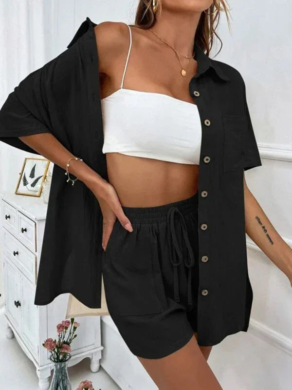 Relaxed Women Casual Two-Piece Linen Short Set - Linen Short Set - LeStyleParfait