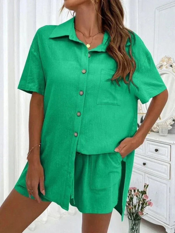 Relaxed Women Casual Two-Piece Linen Short Set - Linen Short Set - LeStyleParfait