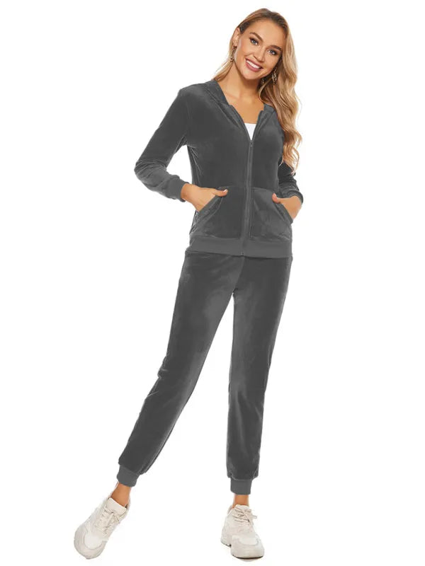 Relaxed Women Casual Velvet Two-Piece Set - Casual Jogger Set - LeStyleParfait