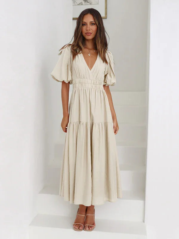 A-line,a-line dress,casual,casual dress,cotton,cotton dress,flowy,flowy dress,flowy hem dress,ladies Wrinkle resistant,maxi,maxi dress,puff sleeve,puff sleeves dress,Quick drying maxi dress,slip-on,slip-on dress,solid,solid dress,straight,summer,summer dress,V-neck,v-neck dress-LeStyleParfait