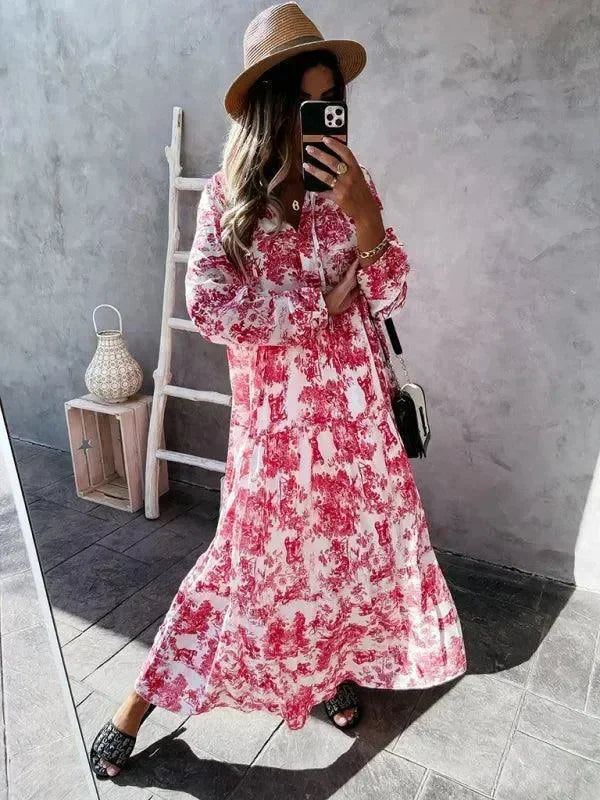 LeStyleParfait Women Dress Maxi Dress Maxi/Long Dress Long Sleeves Floral V-Neck-Maxi Dress