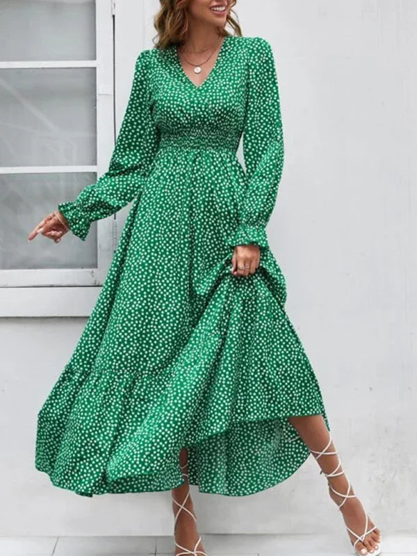 A-line,A-line dress,casual,casual dress,chiffon,chiffon dress,flared,flared dress,floor-grazing dress,flowy,flowy dress,ladies Wrinkle resistant,long sleeve,long sleeves dress,maxi,maxi dress,polka dot,polka dot dress,polka dot maxi dress,Quick drying maxi dress,ruffles,slip-on,slip-on dress,spring,spring dress,straight,V-neck,V-neck dress-LeStyleParfait