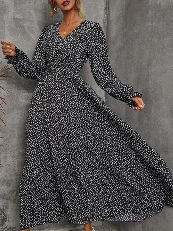 A-line,A-line dress,casual,casual dress,chiffon,chiffon dress,flared,flared dress,floor-grazing dress,flowy,flowy dress,ladies Wrinkle resistant,long sleeve,long sleeves dress,maxi,maxi dress,polka dot,polka dot dress,polka dot maxi dress,Quick drying maxi dress,ruffles,slip-on,slip-on dress,spring,spring dress,straight,V-neck,V-neck dress-LeStyleParfait