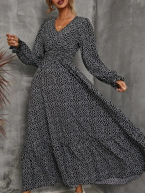 A-line,A-line dress,casual,casual dress,chiffon,chiffon dress,flared,flared dress,floor-grazing dress,flowy,flowy dress,ladies Wrinkle resistant,long sleeve,long sleeves dress,maxi,maxi dress,polka dot,polka dot dress,polka dot maxi dress,Quick drying maxi dress,ruffles,slip-on,slip-on dress,spring,spring dress,straight,V-neck,V-neck dress-LeStyleParfait