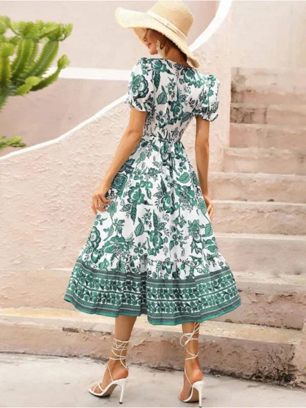 A-line,a-line dress,casual,casual dress,cotton,cotton dress,floral,floral dress,flowy,flowy dress,ladies Wrinkle resistant,maxi,maxi dress,puff sleeve,puff sleeves dress,Quick drying maxi dress,relaxed dress,slip-on,slip-on dress,straight,summer,summer dress,V-neck,v-neck dress-LeStyleParfait