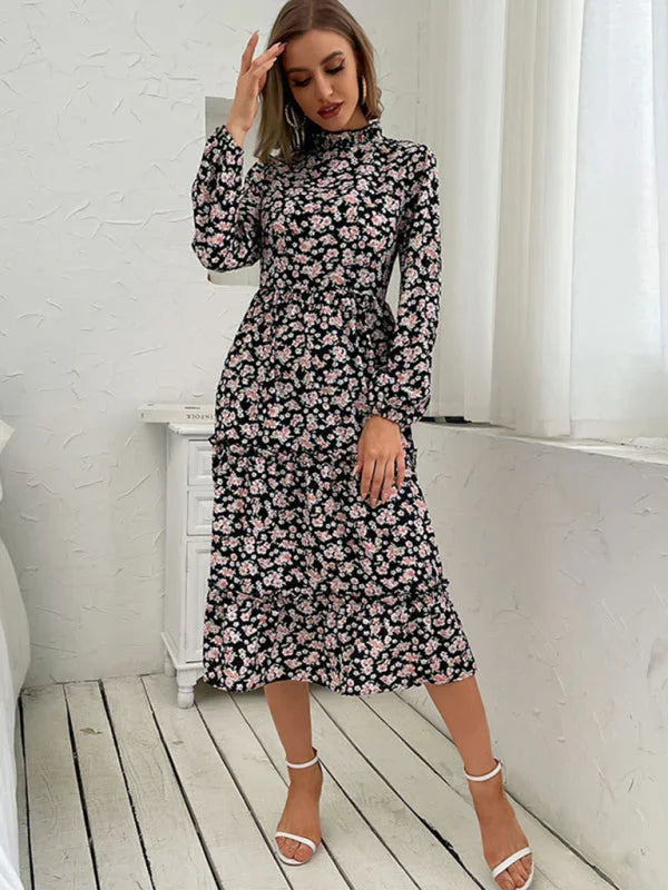 Women Romantic Floral High-Neck Midi Dress - Floral Midi Dress - LeStyleParfait