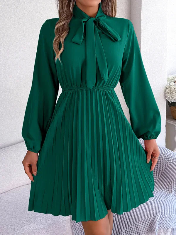 A-line,a-line dress,chiffon,chiffon dress,fall,fall dress,high-neck,high-neck dress,ladies Wrinkle resistant,long sleeve,long sleeves dress,midi,midi dress,midi hem dress,office,office dress,pleated,pleated skirt dress,pleats,Quick drying midi dress,regular,regular fit dress,slip-on,slip-on dress,solid,solid dress,straight-LeStyleParfait