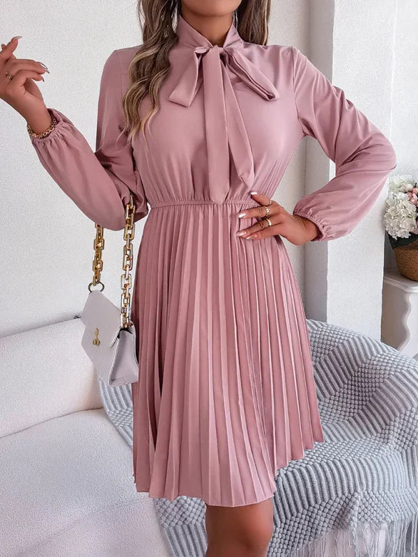 A-line,a-line dress,chiffon,chiffon dress,fall,fall dress,high-neck,high-neck dress,ladies Wrinkle resistant,long sleeve,long sleeves dress,midi,midi dress,midi hem dress,office,office dress,pleated,pleated skirt dress,pleats,Quick drying midi dress,regular,regular fit dress,slip-on,slip-on dress,solid,solid dress,straight-LeStyleParfait