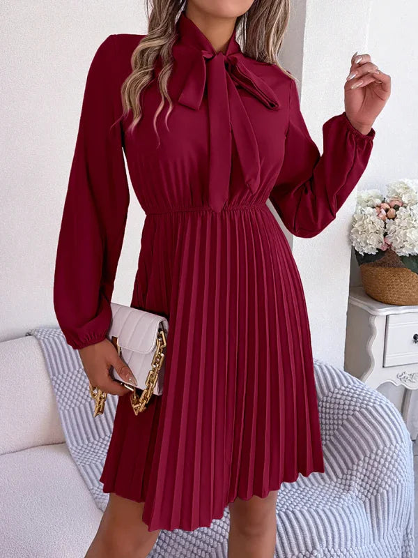 A-line,a-line dress,chiffon,chiffon dress,fall,fall dress,high-neck,high-neck dress,ladies Wrinkle resistant,long sleeve,long sleeves dress,midi,midi dress,midi hem dress,office,office dress,pleated,pleated skirt dress,pleats,Quick drying midi dress,regular,regular fit dress,slip-on,slip-on dress,solid,solid dress,straight-LeStyleParfait