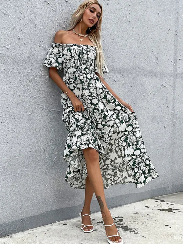 Women Romantic Floral Off-Shoulder Midi Dress - Floral Midi Dress - LeStyleParfait