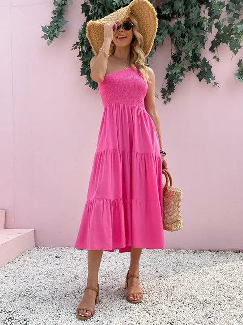 A-line,a-line dress,casual,casual dress,cotton,cotton dress,flowy,flowy dress,ladies Wrinkle resistant,layered,midi,off-shoulder,Quick drying midi dress,sleeveless,sleeveless dress,slip-on,slip-on dress,solid,solid dress,solid midi dress,straight,strapless dress,summer,summer dress,tiered,tiered dress-LeStyleParfait