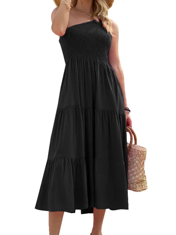 A-line,a-line dress,casual,casual dress,cotton,cotton dress,flowy,flowy dress,ladies Wrinkle resistant,layered,midi,off-shoulder,Quick drying midi dress,sleeveless,sleeveless dress,slip-on,slip-on dress,solid,solid dress,solid midi dress,straight,strapless dress,summer,summer dress,tiered,tiered dress-LeStyleParfait
