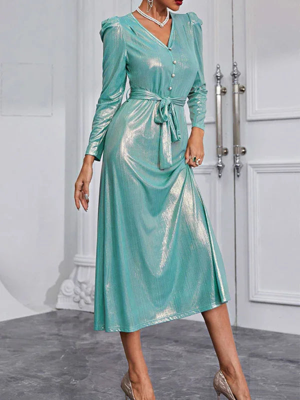 Women Elegant Satin Wrap Midi Dress - Wrap Midi Dress - LeStyleParfait