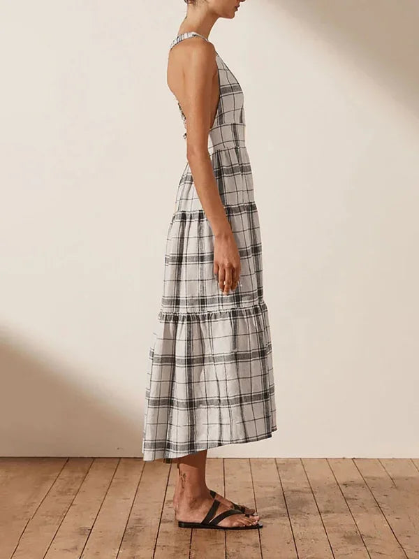 Women Sophisticated Plaid V-Neck Midi Dress - Plaid Midi Dress - LeStyleParfait