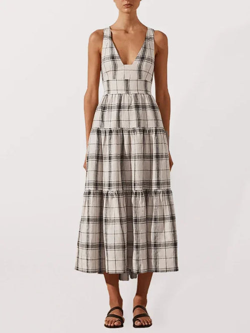 Women Sophisticated Plaid V-Neck Midi Dress - Plaid Midi Dress - LeStyleParfait