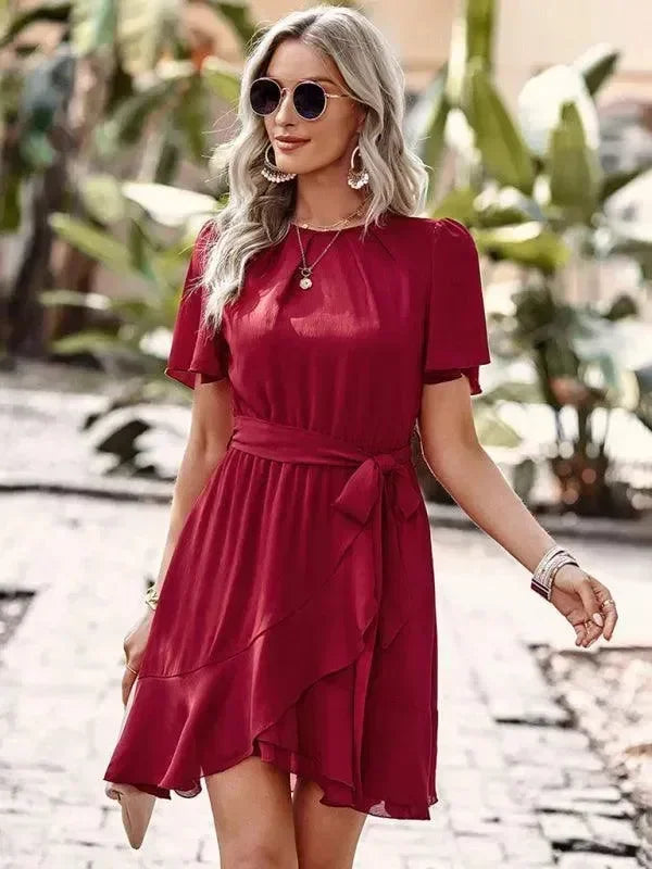 LeStyleParfait Women Dress Mini Dress Midi-Dress Short Sleeves Plain-Solid Round Neck-Mini Dress